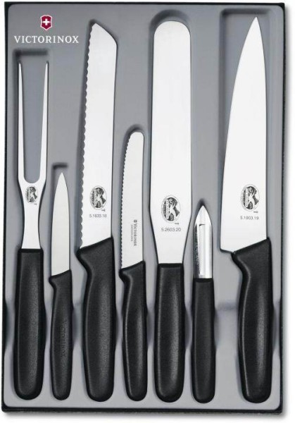 Victorinox Standard Küchengarnitur, 7-teilig, schwarz, Gemüsemesser, Tomaten und Tafelmesser, Tranchiermesser, Brotmesser, Fleisch-und Bratengabel, Spachtel flexible, Sparschäler 5.1103.7