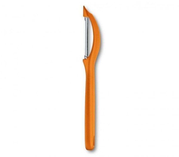 Victorinox Swiss Küchenutensilien, Universalschäler, Gemüseschäler, orange, rostfreie Pendelklinge, Zackenschliff, zweischneidig, 7.6075.9