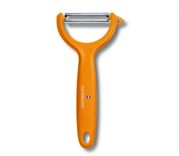 Victorinox Swiss Küchenutensilien, Tomaten- und Kiwischäler, Gemüseschäler, orange, rostfreie Pendelklinge mit Zackenschliff, 7.6079.9