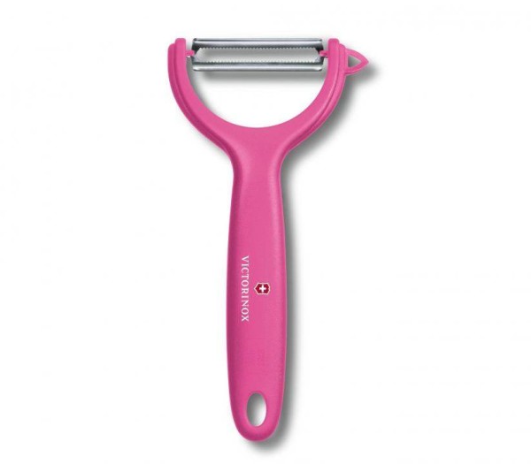 Victorinox Swiss Küchenutensilien, Tomaten- und Kiwischäler, Gemüseschäler, pink, rostfreie Pendelklinge mit Zackenschliff, 7.6079.5